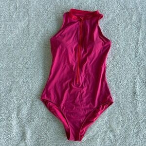 Sweaty Betty  vista high neck zip-up one-piece swimsuit XLGlow Pink